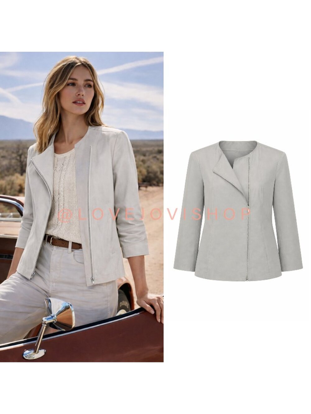 Minimalist | Lafayette 148 Twill Moto Jacket | Light Grey w Asymmetrical Zipper